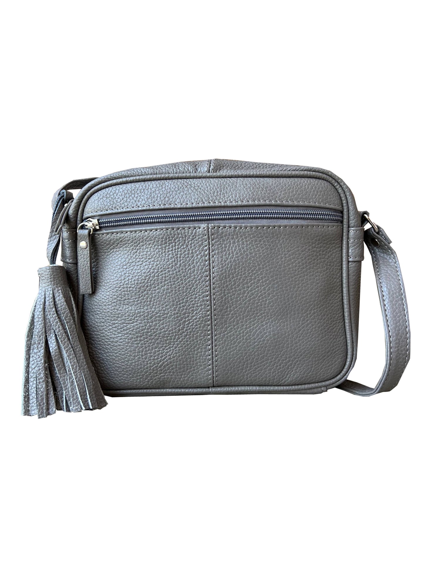 The Roma Leathers, Inc. Cowhide Leather Crossbody is a stylish gray bag featuring a front zipper pocket, large tassel accent, and an adjustable shoulder strap for easy comfort.