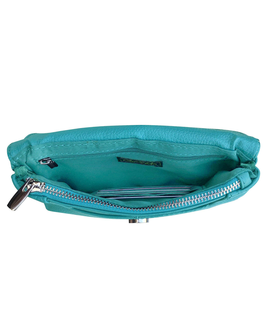 The Roma Leathers, Inc. Cowhide Leather Crossbody Clutch Bag in turquoise features a zippered opening, interior lining, small inner pocket, and visible stitching details.