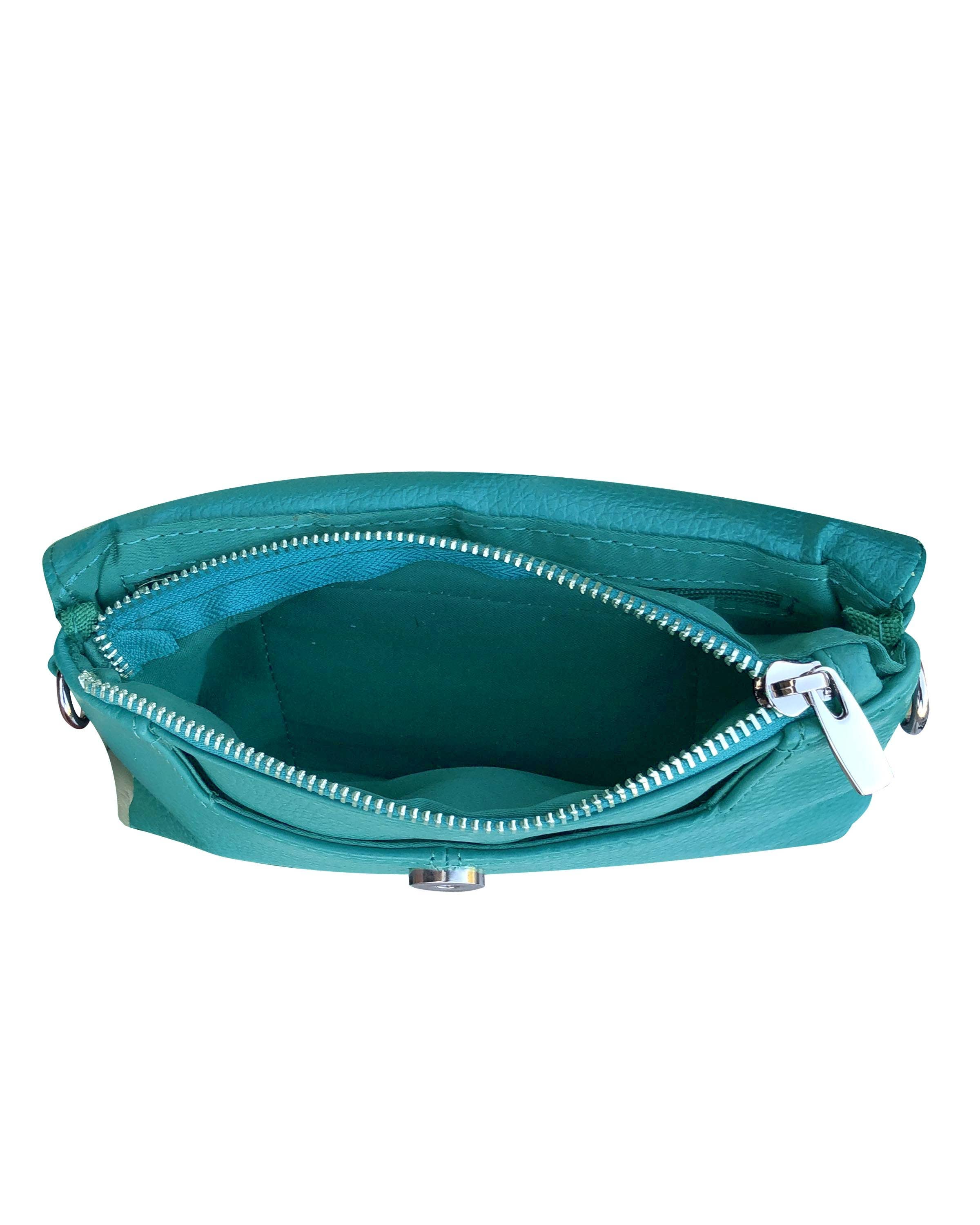 The Roma Leathers, Inc. Cowhide Leather Crossbody Clutch Bag is shown from above with an open teal zippered pouch, featuring a visible inner compartment and mesh pocket, crafted from durable cowhide leather.