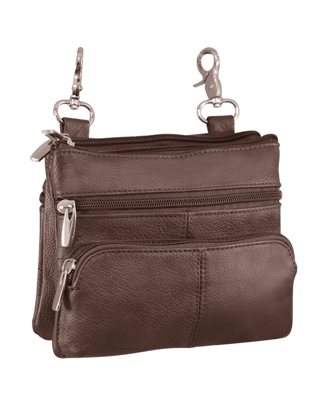Small dark brown Roma Leathers, Inc. 3099 Small Horizontal Crossbody Bag made of cowhide leather with multiple spacious zippered compartments and two silver swivel clasp attachments at the top.