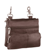 Small dark brown Roma Leathers, Inc. 3099 Small Horizontal Crossbody Bag made of cowhide leather with multiple spacious zippered compartments and two silver swivel clasp attachments at the top.