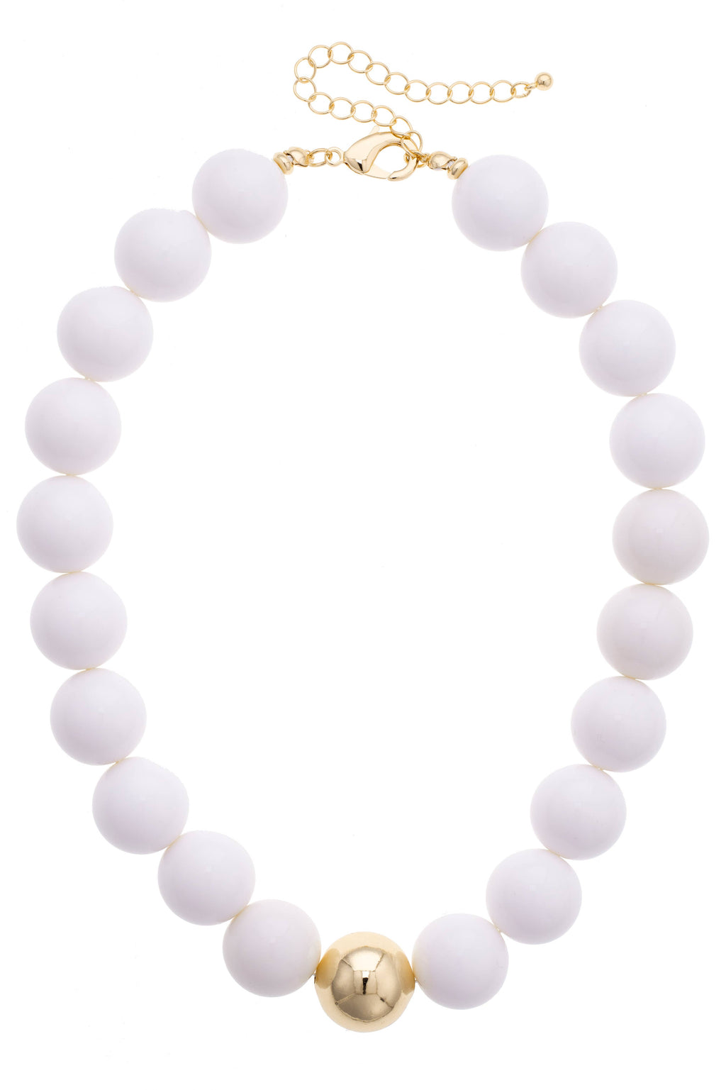 The Marjorie Game Day Beaded Necklace by Canvas Style features oversized white round beads accented with a single gold bead at the center, finished with a gold clasp and adjustable chain for a bold, modern chunky look.