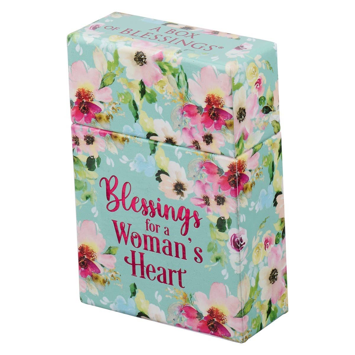 A small rectangular Box of Blessings Blessings for a Woman’s Heart with a light blue background, decorated with a pink and white floral pattern and the text “Blessings for a Woman’s Heart.”