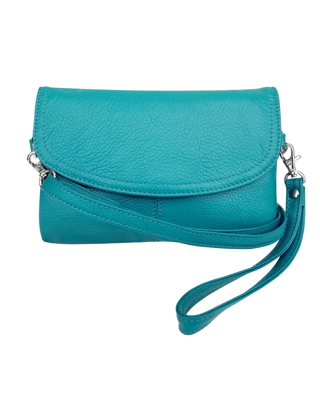 The Roma Leathers, Inc. Cowhide Leather Crossbody Clutch Bag is a turquoise compact purse with a flap closure and detachable wrist strap, crafted from cowhide leather and displayed against a white background.