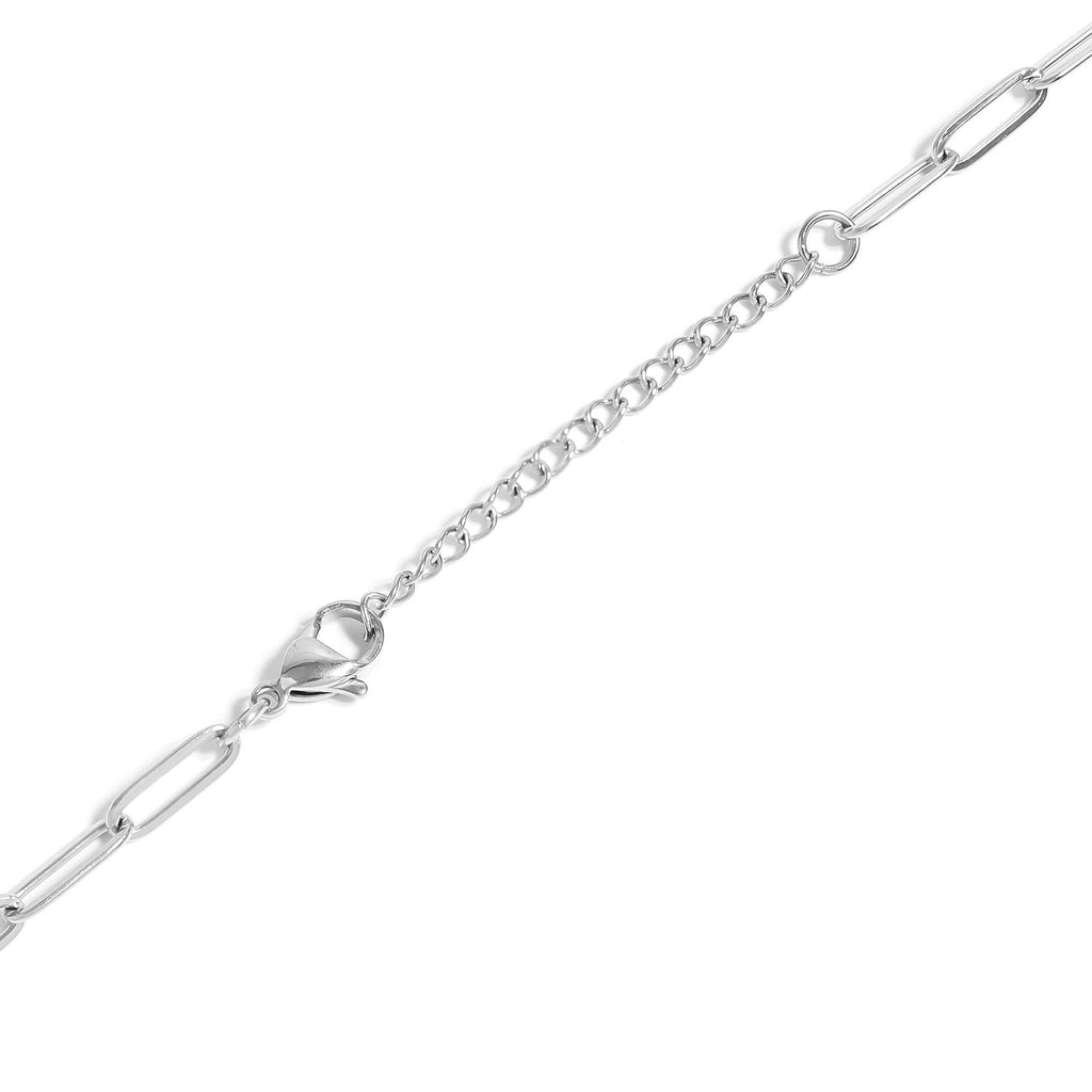 Close-up of the WJW 18K Gold PVD Paperclip Carabiner Necklace, featuring elongated and small round links reminiscent of a paperclip chain, secured with a lobster clasp closure, set against a white background.