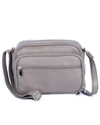 The Roma Leathers, Inc. Cowhide Leather Crossbody Shoulder Bag features light gray leather, a front zipper pocket, adjustable strap, and built-in organizer—perfect for carrying everyday essentials.