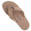 The Mens' Rainbow Single Layer Leather Flip-flops by RAINBOW SANDALS feature a tan nubuck leather footbed, comfortable single-layer arch support, a fabric strap, and a small rainbow logo tag on the side.