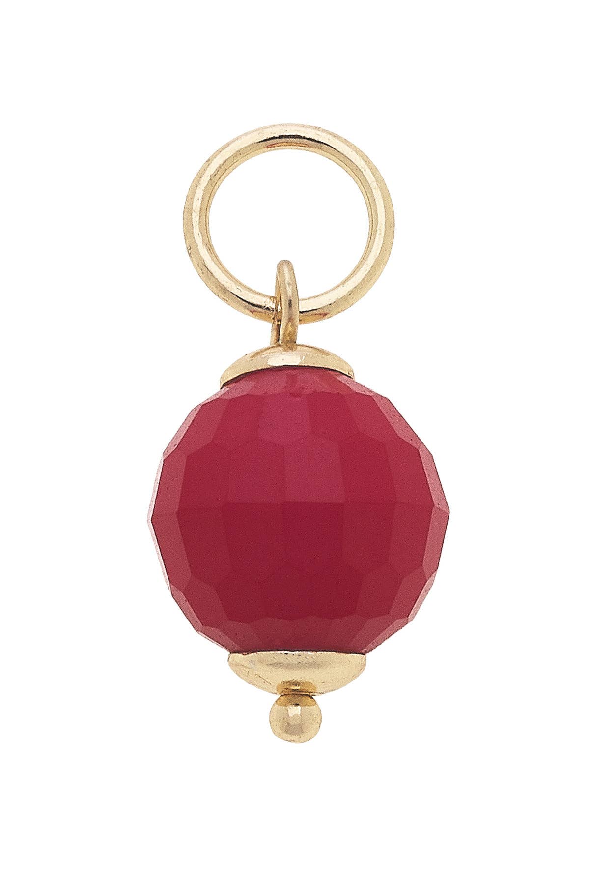 The Resin Bead Charm by Canvas Style features a faceted round red resin bead, capped in gold at both ends and suspended from a gold loop—perfect for adding to your favorite charm necklace or charm bracelet.
