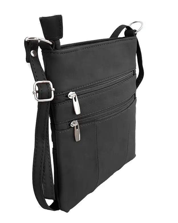 The Roma Leathers, Inc. Large cowhide leather crossbody shoulder bag features two zippered front pockets, an adjustable shoulder strap, and silver hardware in black.