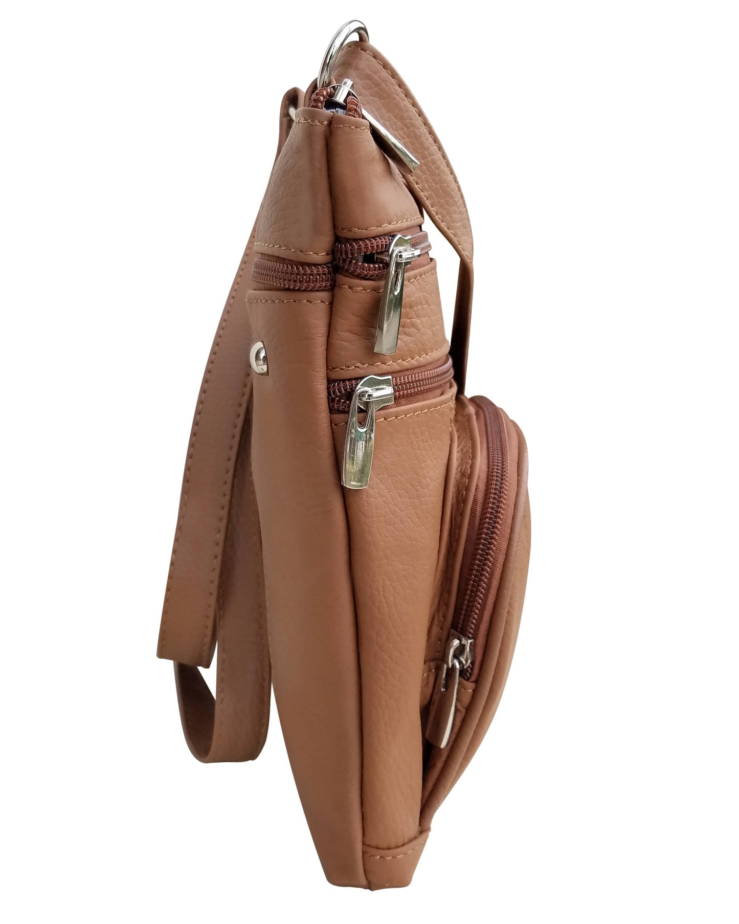 Side view of the Roma Leathers, Inc. Cowhide leather crossbody with phone pocket, showing three zippered compartments and an adjustable shoulder strap.