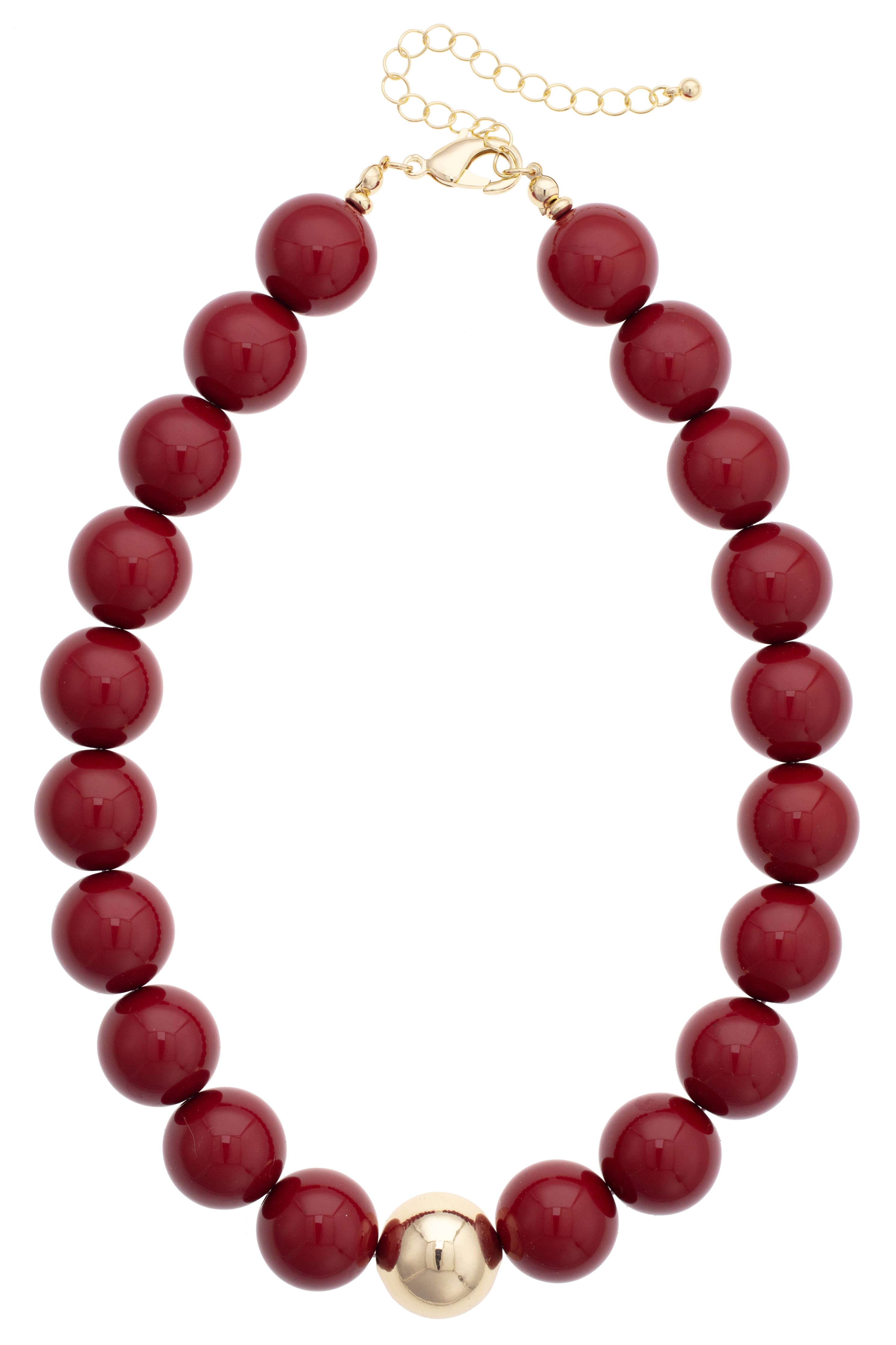 Make a bold impression with the Marjorie Game Day Beaded Necklace from Canvas Style—this eye-catching statement piece features oversized maroon beads accented by a single central gold bead, complete with a gold clasp and adjustable chain. Perfect for anyone who loves chunky beaded necklaces and striking style. Main image