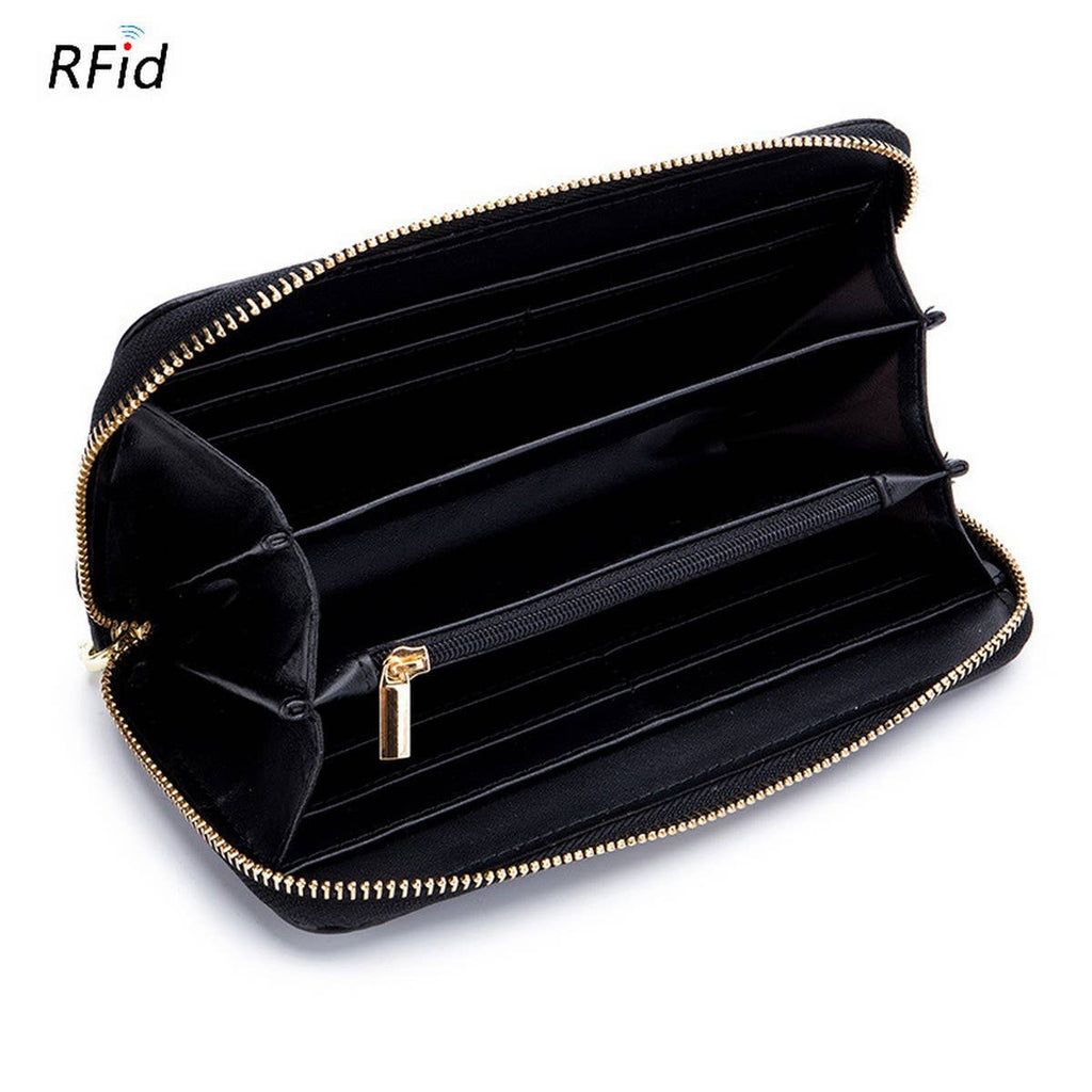 The ACCITY ZIPPER TASSEL ANTI-THEFT BRUSH LEATHER WALLET features multiple card slots, compartments, a central zippered pocket with a stylish tassel, and RFID protection for added security.