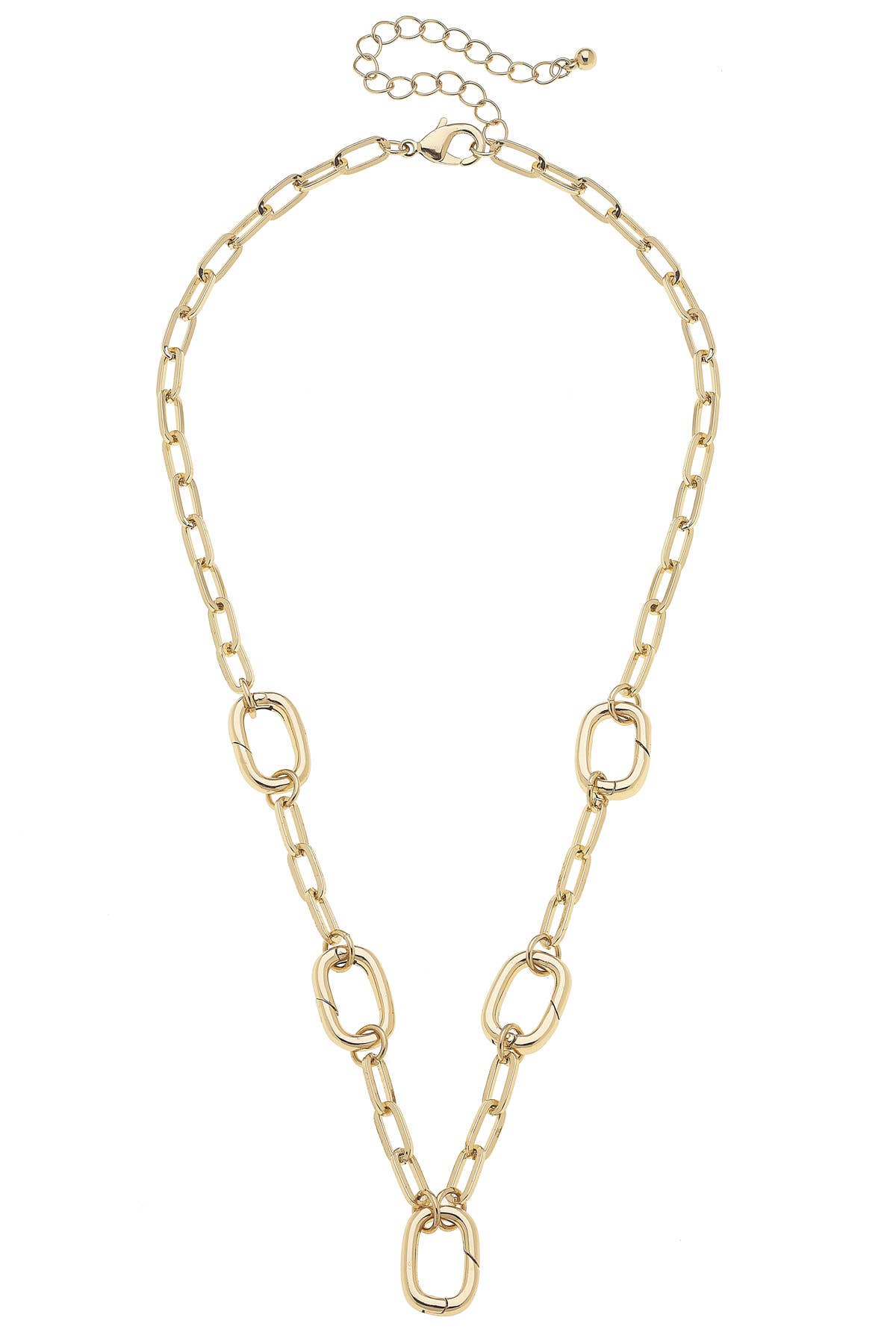 The Avery Multi-Charm Collector Necklace Base in Shiny Gold by Canvas Style features large oval links spaced along the chain and an adjustable clasp at the back, displayed on a white background. This adjustable necklace offers both style and versatility for any occasion.