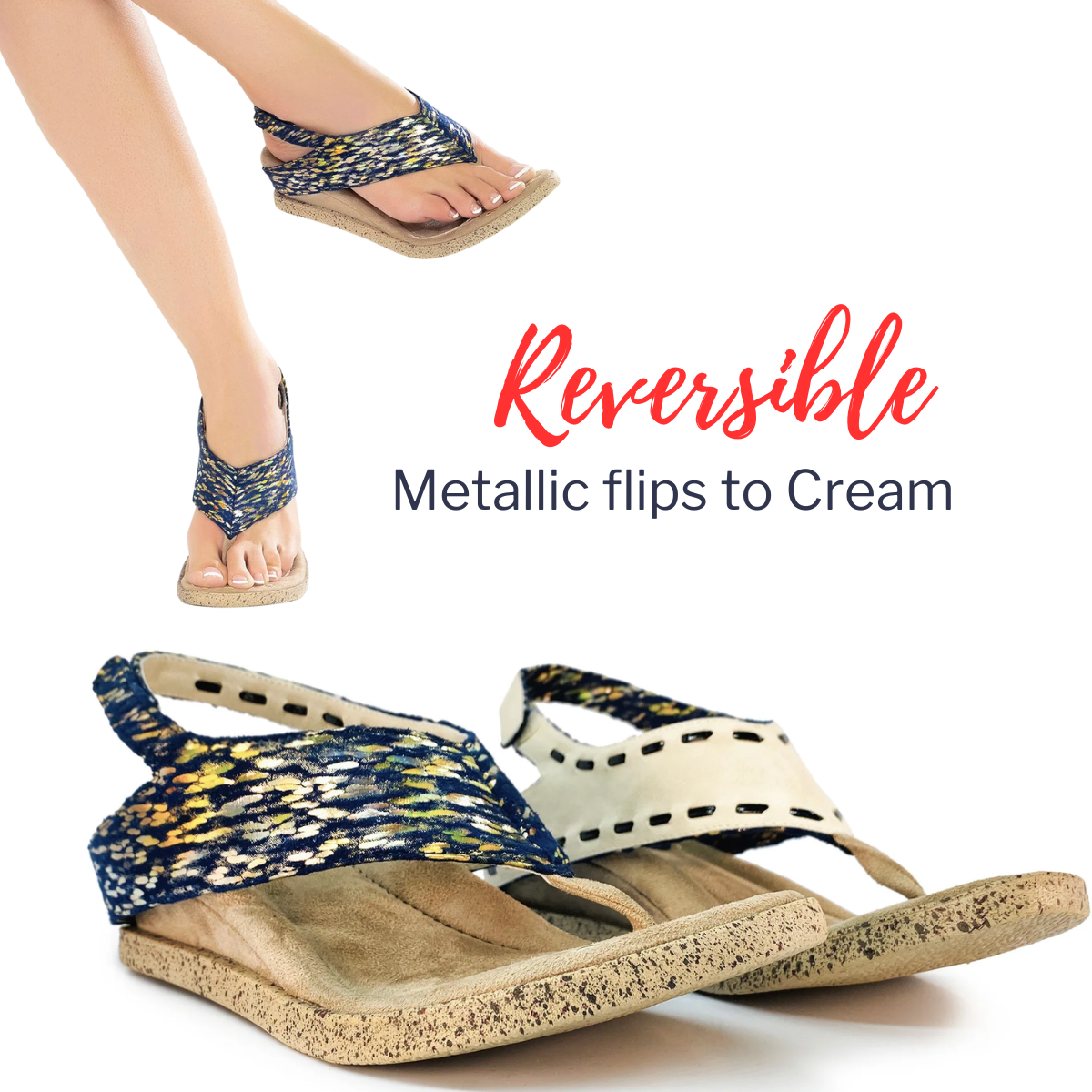 Pair of Feena - Reversible Sandals by Modzori showcasing their two different design patterns, metallic blue and cream.