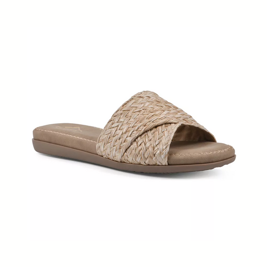 A single Flawless Slide Sandal in Natural Raffia by Cliffs, featuring a synthetic woven upper, displayed against a white background.
