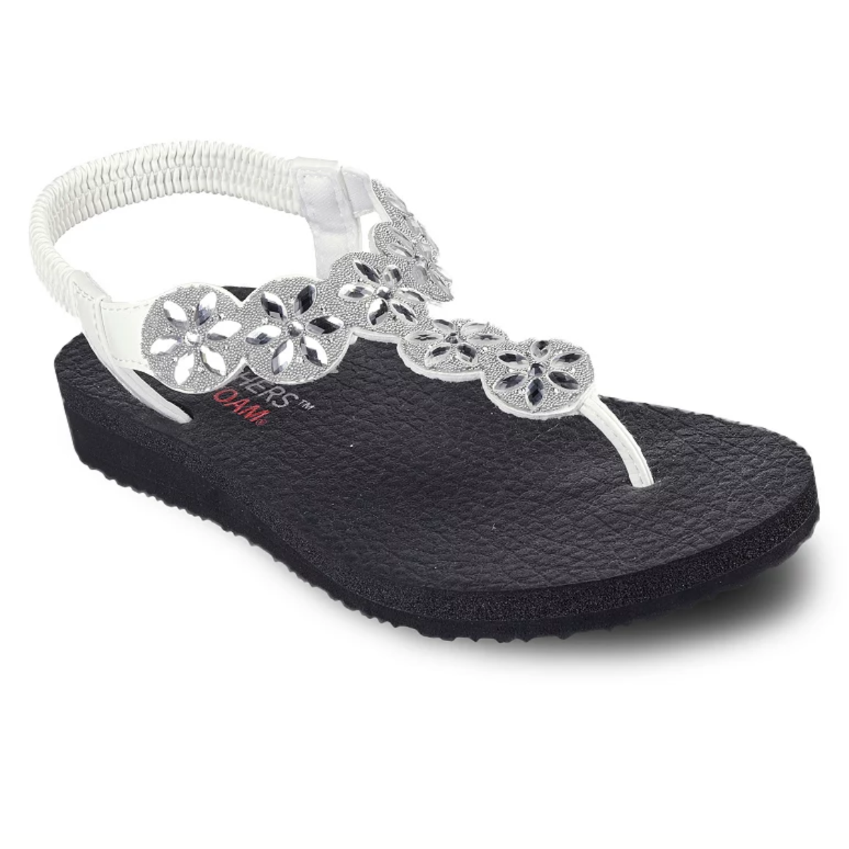 Black and white SKECHERS USA INC women's wedge sandals with floral embellishments and comfort design.