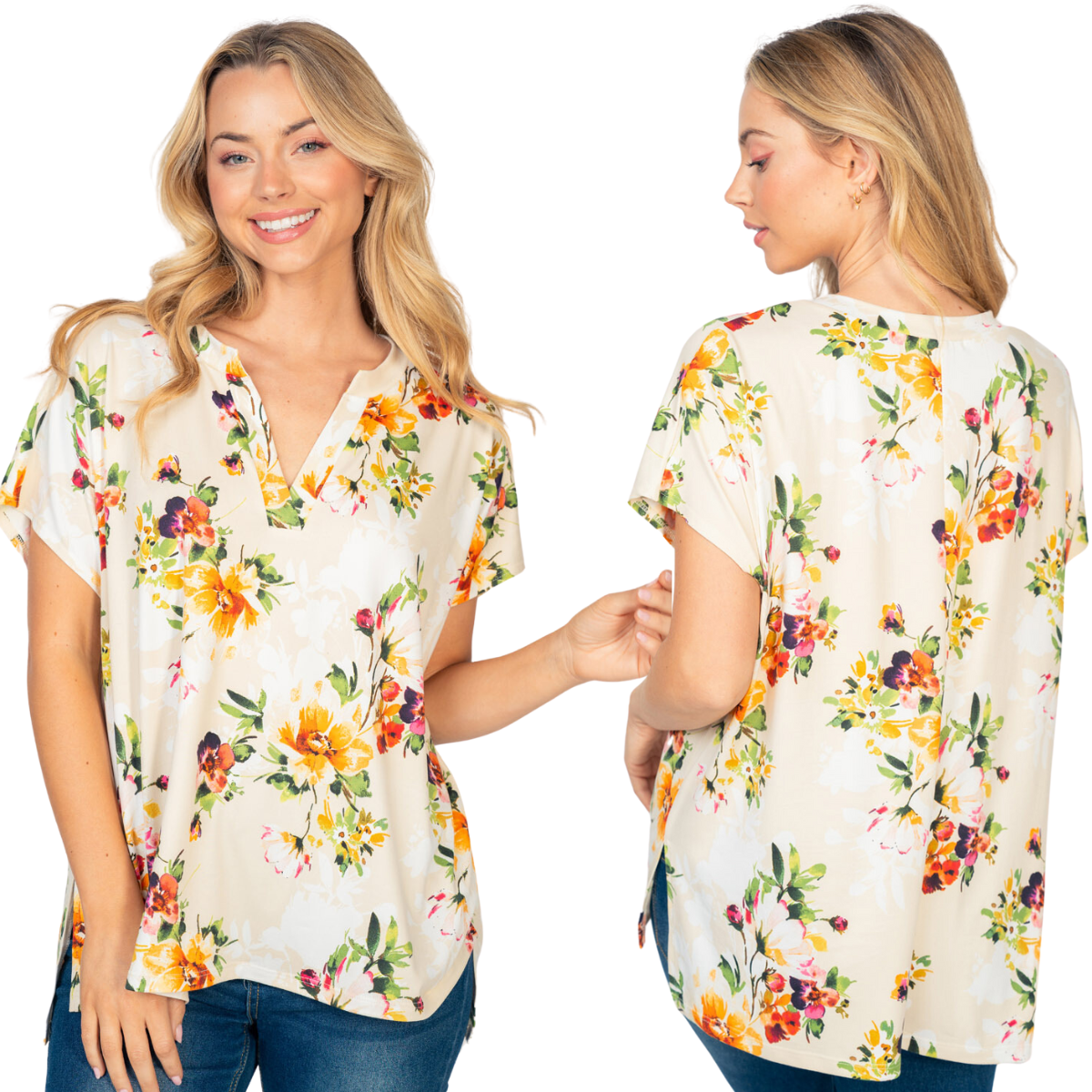 A woman wearing a Floral Print Short Sleeve Top by FASHION GO.