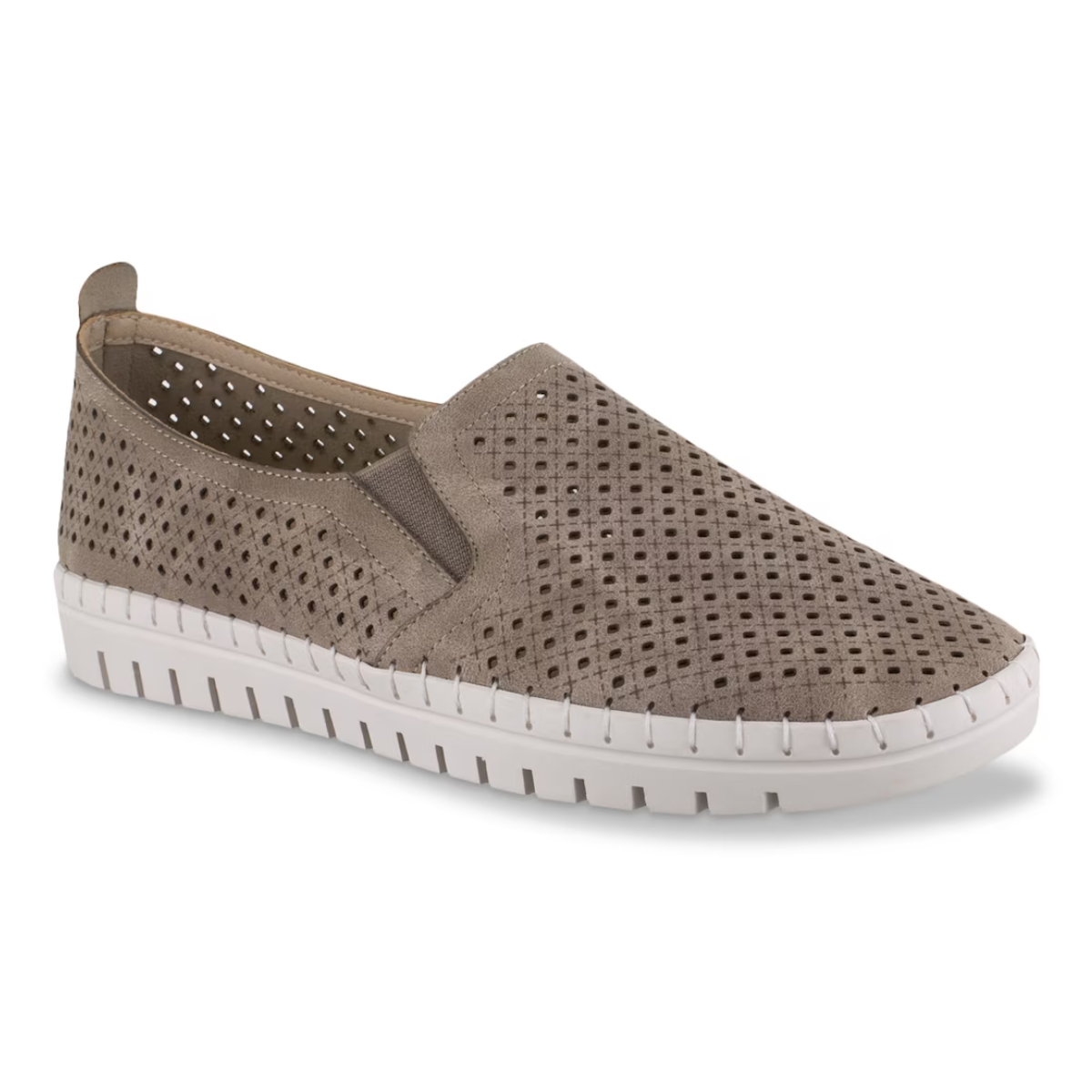 Beige slip-on sneaker with perforated upper and white, flexible and lightweight outsole: Fresh Slip on Casual Tennis Shoe in Taupe by Easy Street. Main image