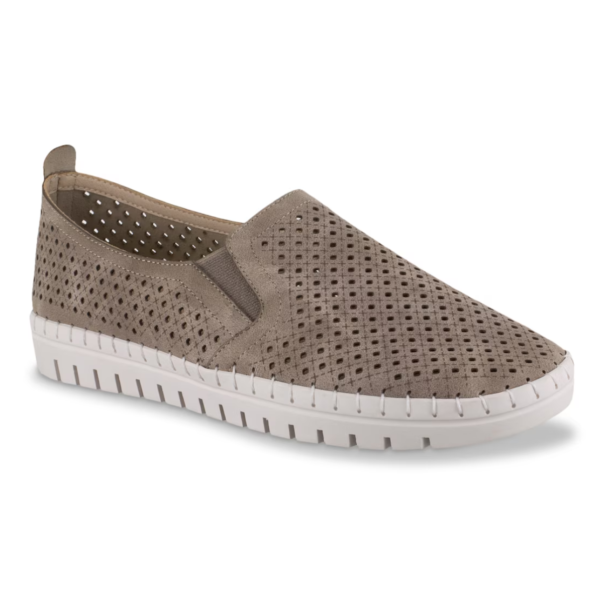 Beige slip-on sneaker with perforated upper and white, flexible and lightweight outsole: Fresh Slip on Casual Tennis Shoe in Taupe by Easy Street.