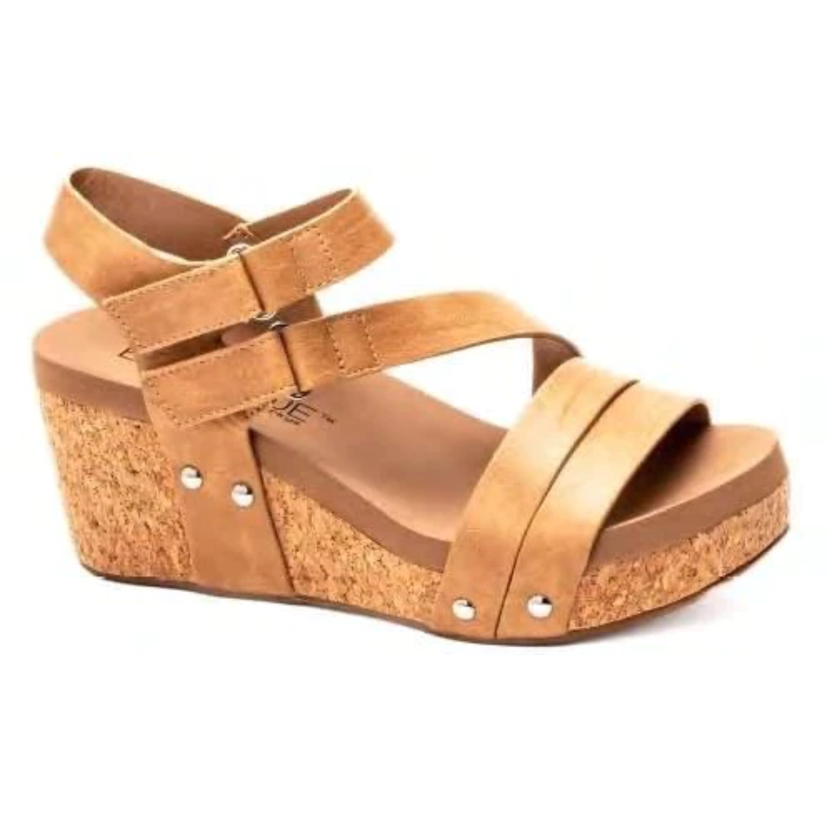 A women's Giggle in Caramel wedge sandal with two straps and a platform by Corky's Footwear Inc.