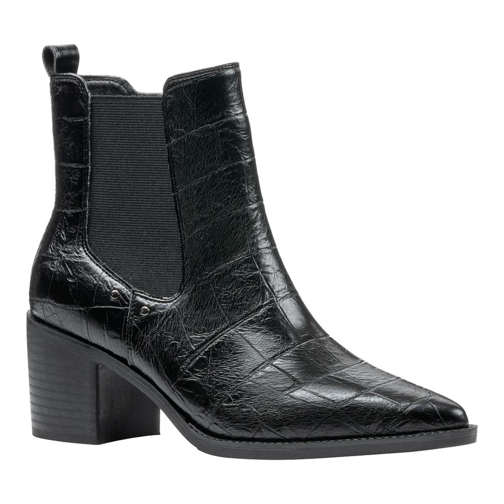 Good Choice Kodiak black ankle boot with croc-look texture, elastic side panel, and block heel