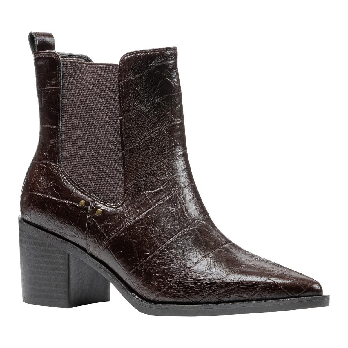 Good Choice Kodiak brown ankle boot with croc-look texture, elastic side panel, and block heel