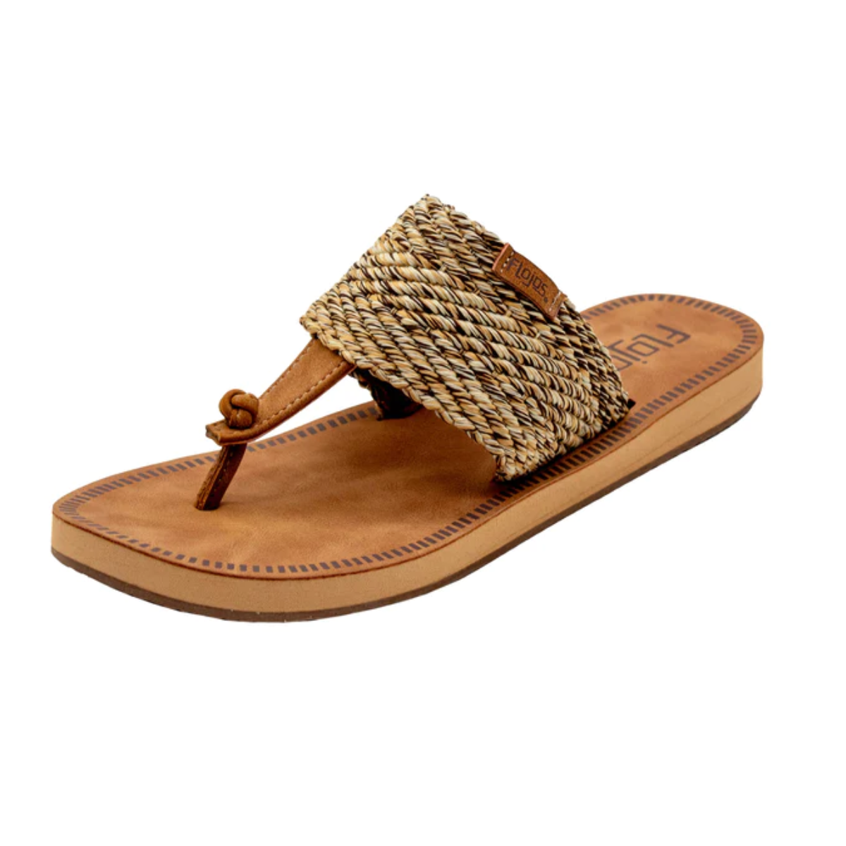 A trendy Gracia Hooded Thong Woven Sandal in Tan Multi by Flojos, ensuring both style and comfort.