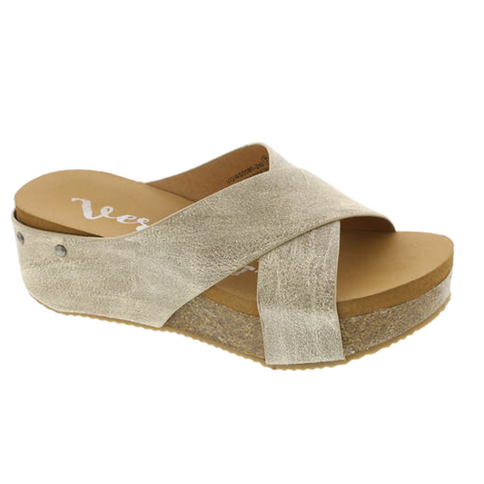 Replace with:
Sentence: A single Hero Platform Slide Sandal in Cream with a cork sole and cross-banded upper strap by VERY G.