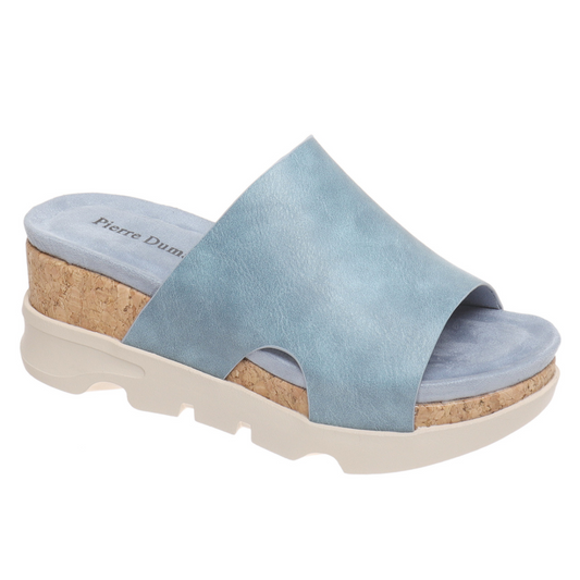 A single Hit-8 Blue Slide Sandal by Pierre Dumas with a faux leather strap and a cork platform sole from OLEM SHOE CORP.