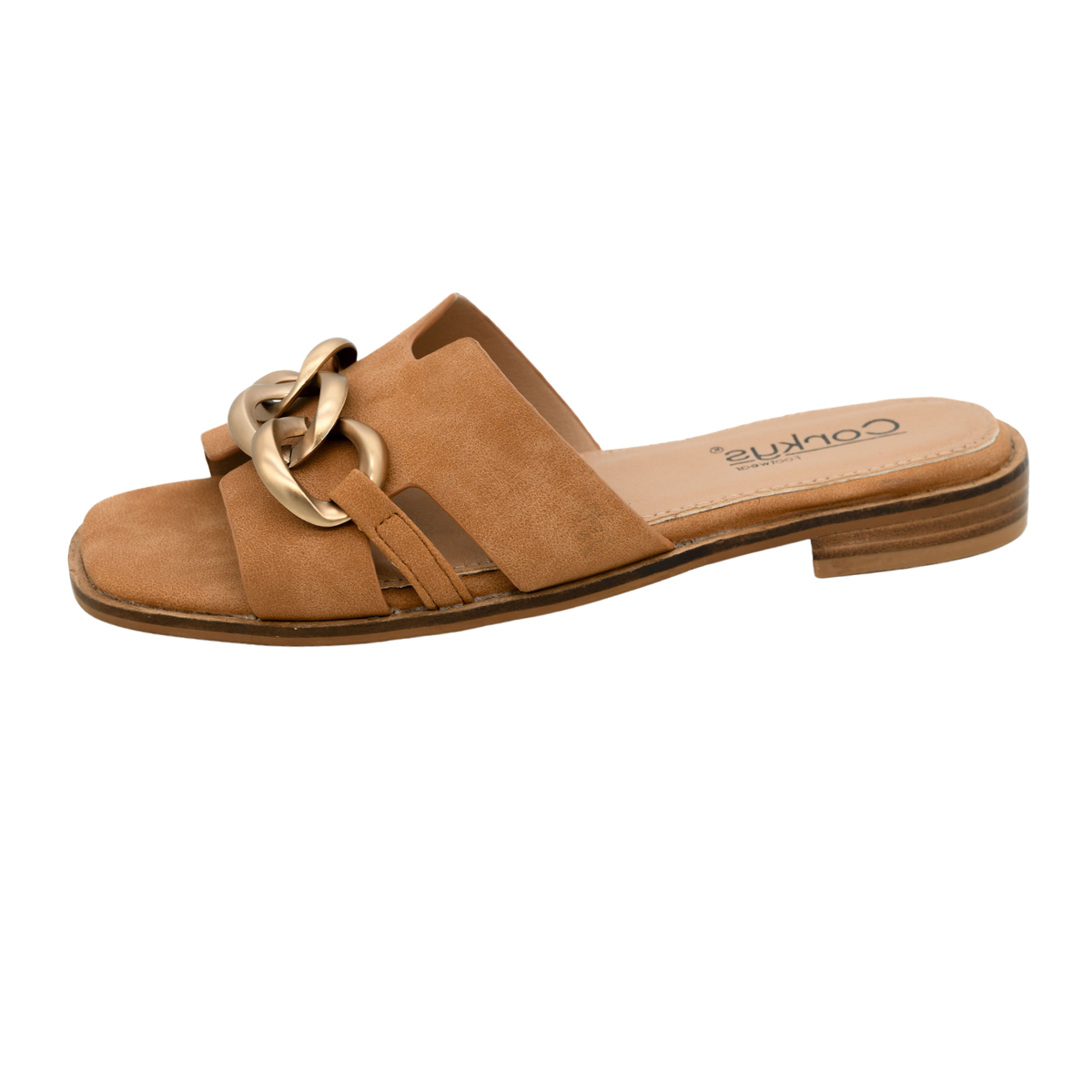 The Off the Chain Slide Sandal by Corky's features tan suede, a low wooden heel, wide front strap, and bold gold chain detail. The branded insole reads "Corkys." Whole sizes only. Brand: CORKY'S FOOTWEAR INC.