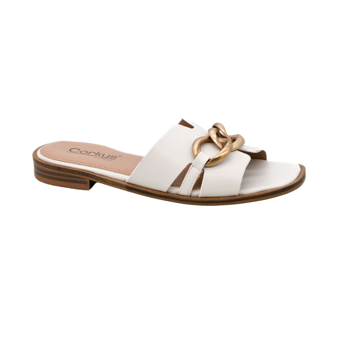The Off the Chain Slide Sandal by Corky's from CORKY'S FOOTWEAR INC is a white slip-on in whole sizes with a flat wooden heel and gold chain detail—stylish shoes for effortless elegance.