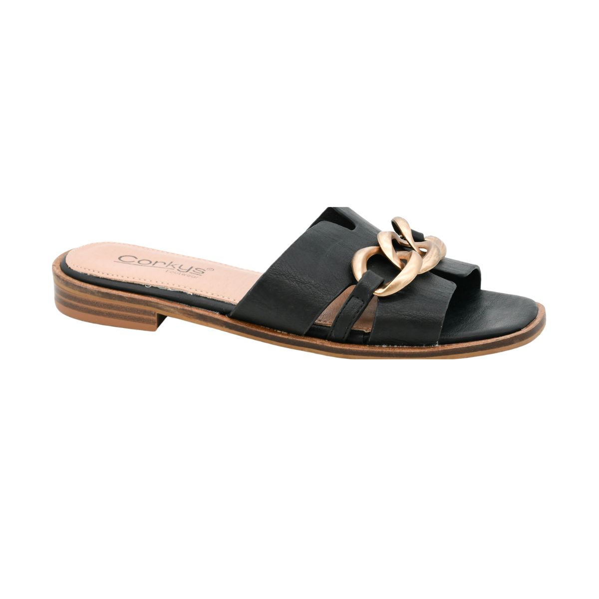 The Off the Chain Slide Sandal by Corky's from CORKY'S FOOTWEAR INC features a black wide leather strap with a bold gold chain, set on a flat wooden sole. Available in whole sizes for the perfect fit.