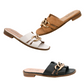 Three pairs of Off the Chain Slide Sandal by CORKY'S FOOTWEAR INC in tan, white, and black, each with a chunky gold chain detail on the strap. Available in whole sizes only, shown on a white background.