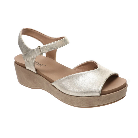 Elevate your style with Meet Ya There in Gold Metallic Wash by CORKY'S FOOTWEAR INC—a chic wedge sandal featuring a metallic gold finish, ankle strap with buckle, tan cushioned sole, and open toe design for all-day comfort.