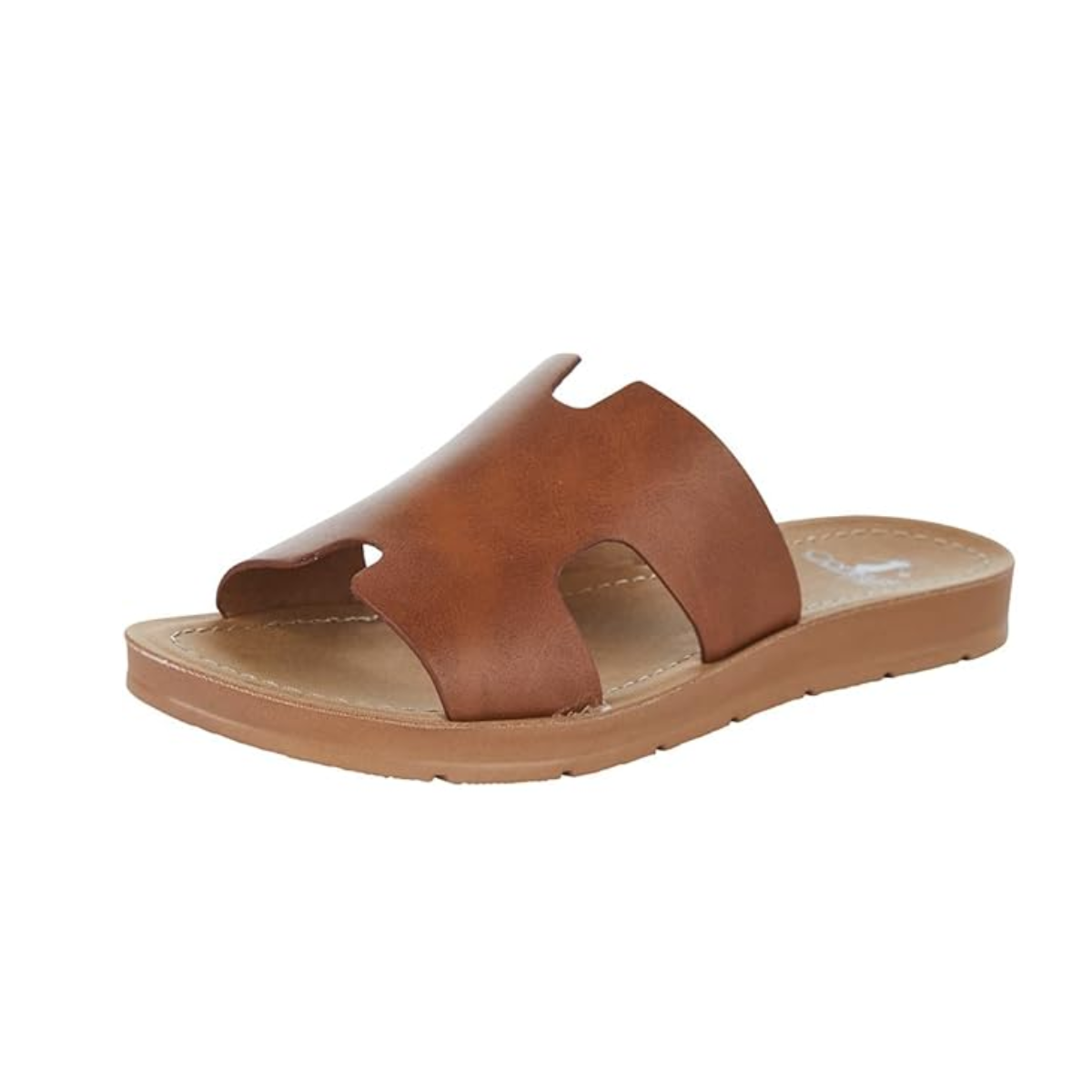 The Hold Please H Slide Flat Sandal in Bourbon by CORKY'S FOOTWEAR INC features a brown leather slip-on design with an H-shaped cutout, flat sole, and cushioned footbed for comfort.
