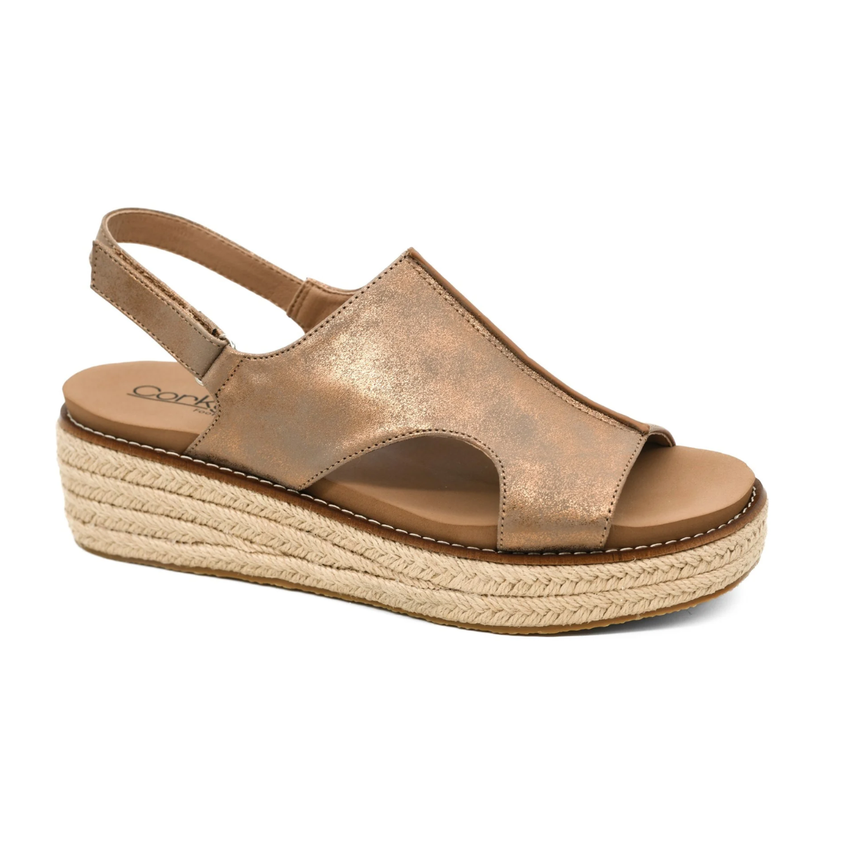 The Ready or Not Low Platform Wedge Sandal in Bronze by CORKY'S FOOTWEAR INC features an open toe, slingback strap, and a braided espadrille-style wedge sole.