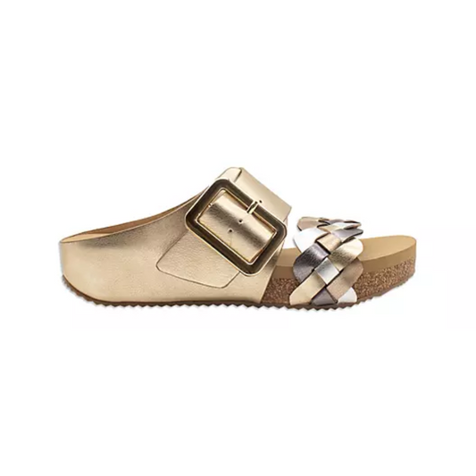 The Morel Slide Sandal in Gold by Volatile from PV Footwear is shown in side profile, featuring a chic woven strap, large buckle, cork sole, and cushioned support.