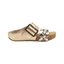 The Morel Slide Sandal in Gold by Volatile from PV Footwear is shown in side profile, featuring a chic woven strap, large buckle, cork sole, and cushioned support.
