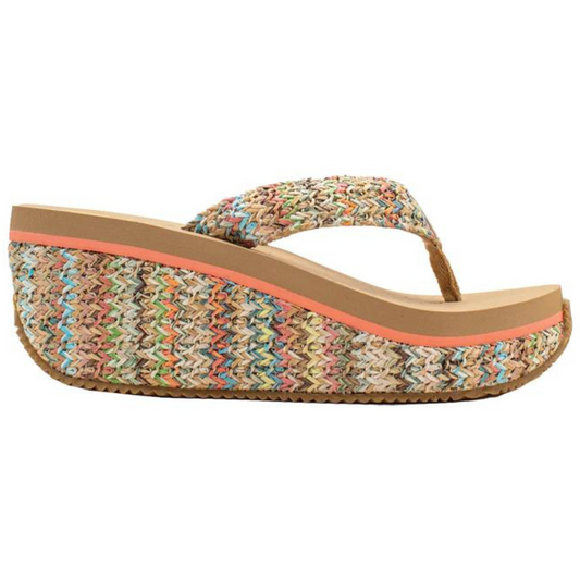 Multicolored Island Raffia Wedge Flip Flop sandal by Volatile on a white background.