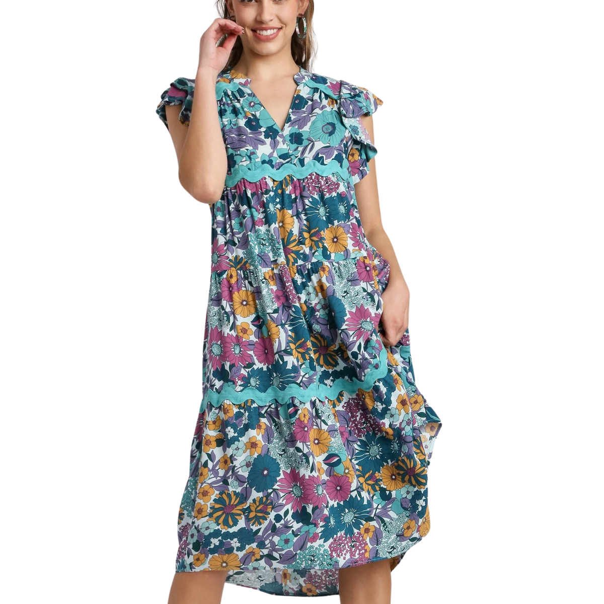 A woman in a FASHION GO Floral Print Split Neck Midi Dress with ruffled sleeves posing with her hand to her ear.