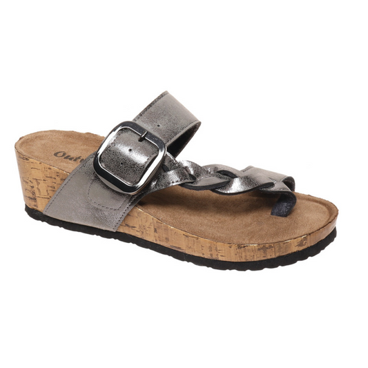 Women's Lance Sandals in Pewter by OLEM SHOE CORP with a metallic strap and cork heel.