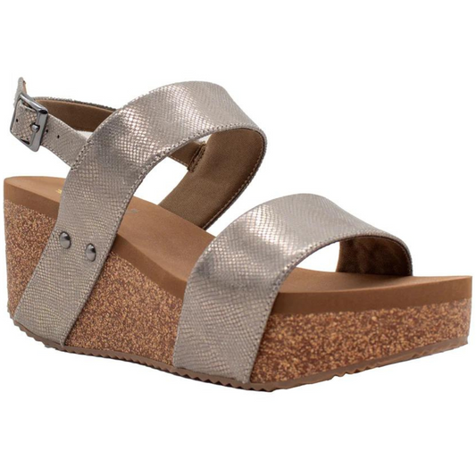 Women's pewter Summerlove Linen Strap wedge sandal with ankle strap on a white background featuring ultra comfort EVA insoles by Volatile - Rosenthal & Rosenthal.