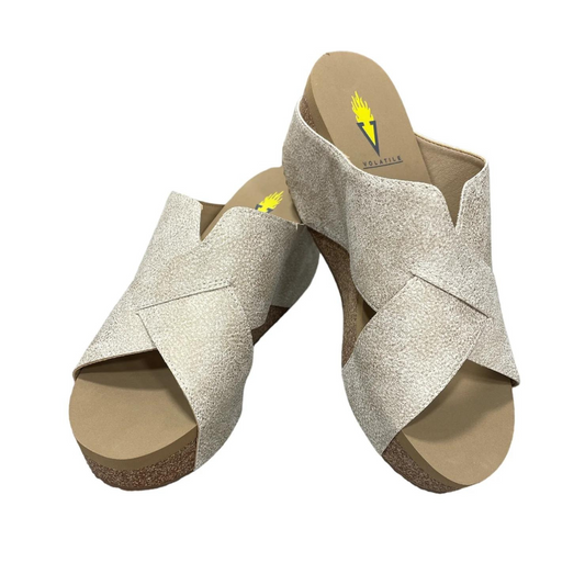 A pair of Gold Firefly Faux Leather Criss Cross Slide Sandals by Volatile on a white background.
