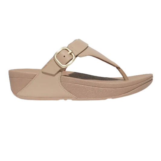 A Lulu Leather Adjustable Thong in Latte Beige sandal for women with an adjustable buckle strap by FITFLOP USA LLC.
