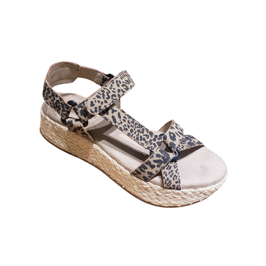 Taupe and black leopard print Pathbreaker Strappy Sandal with braided jute espadrille sole by Consolidated Shoe Co.