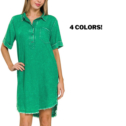 Woman in a FASHION GO washed linen raw edge button down V-neck dress with text indicating availability in four colors.