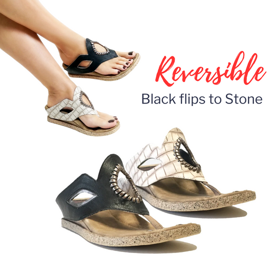 These Lirah Reversible Black to Stone sandals by MODZORI easily flip to a stone shade with a thong design.