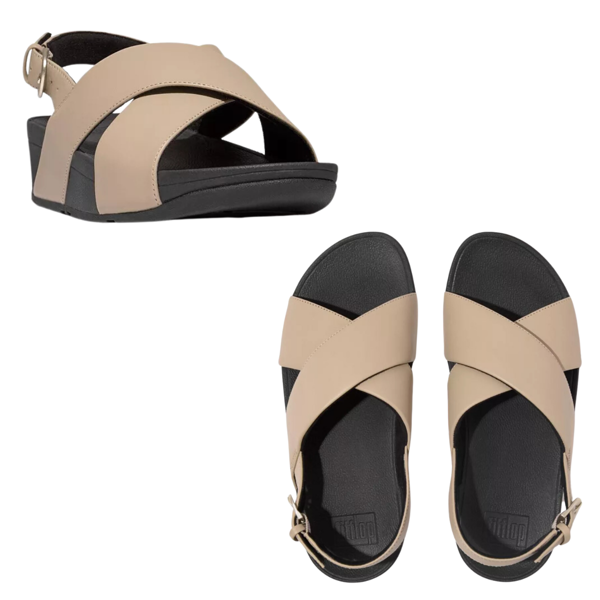 A pair of Lulu Cross Back Strap Sandal in Latte Beige by FITFLOP USA LLC and a pair of black sandals.