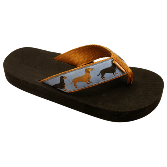 Lightweight Doxie flip-flops by Tidewater Sandals with dachshunds on them.