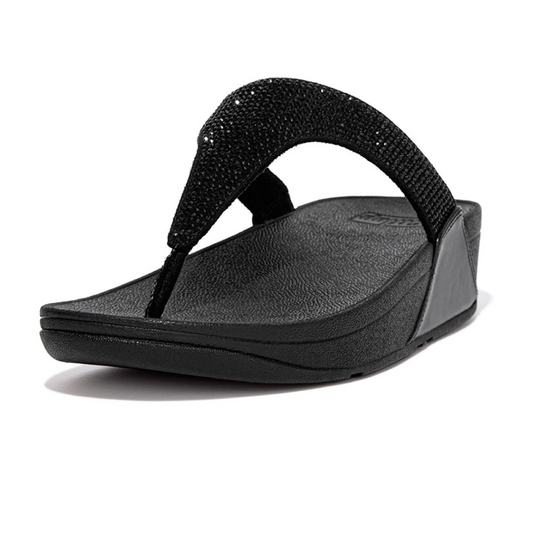 FITFLOP USA LLC's Lulu Crystal Embellished toe post - Black sandals, a women's black flip flop sandal with a rhinestone strap, offers supercushioning.